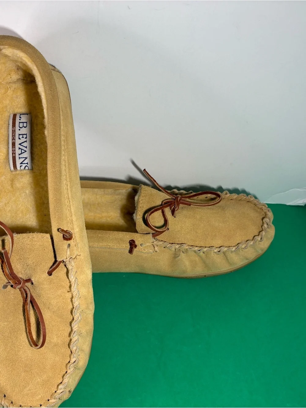 L.B. Evans Men's Suede Moccasin Slippers in Yellow Tan w/Brown Laces-Size 14EEE